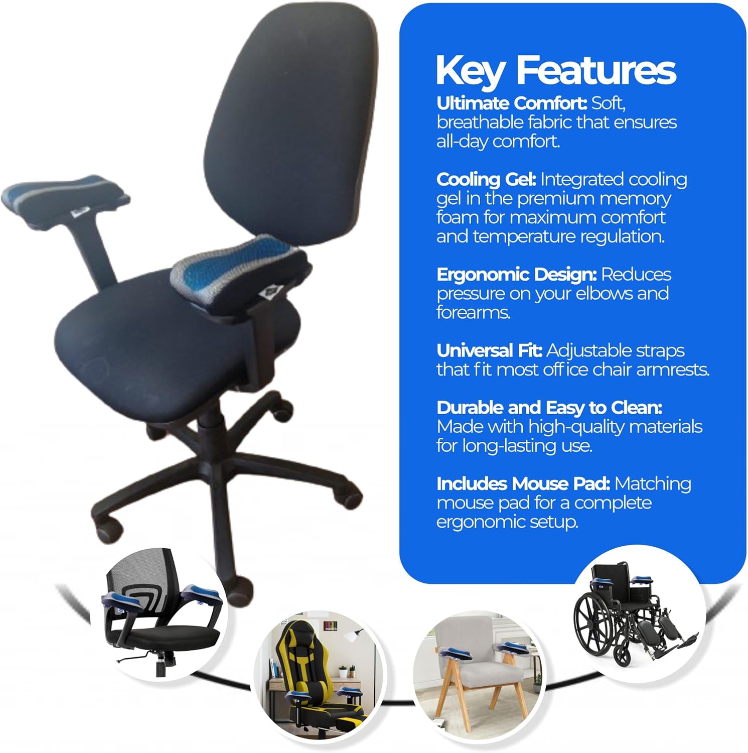 MoonTeez Office Chair Armrests Pads, Ergonomic Memory Foam, Blue Cooling Gel, Breathable Mesh Fabric and Black Mouse Pad.-2