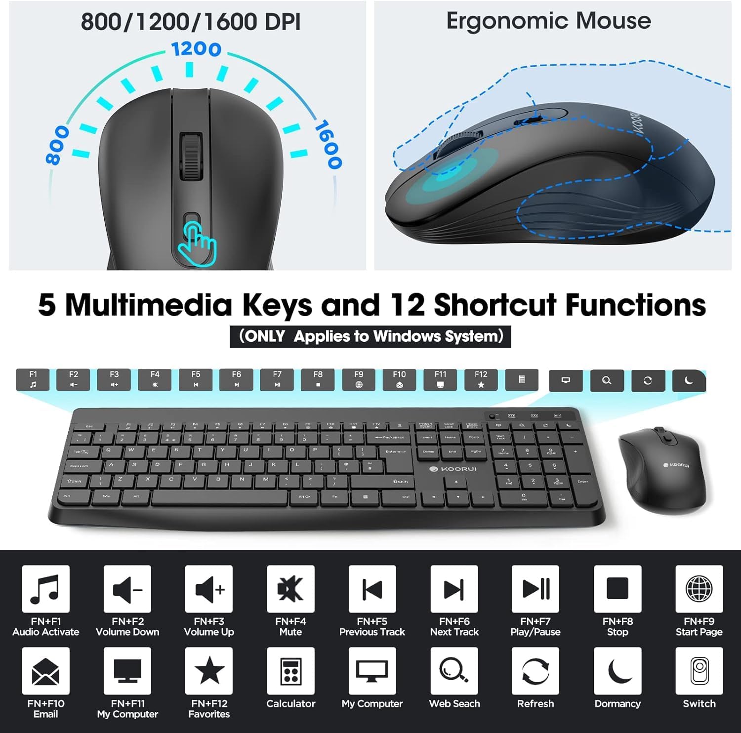 KOORUI Wireless Keyboard and Mouse Combos, 12 Multimedia and Shortcut Keys UK Layout Full Size Keyboard and Mouse Set for Windows,MacOS,Linux-Black (Battery Not Included)-1