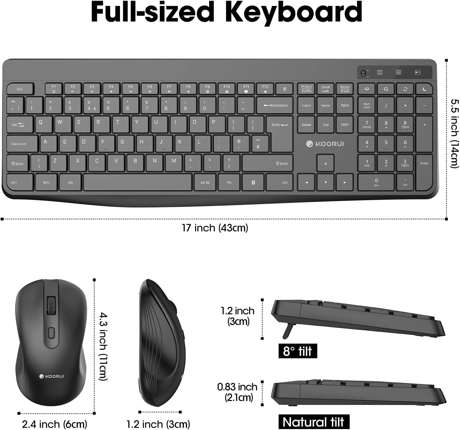 KOORUI Wireless Keyboard and Mouse Combos, 12 Multimedia and Shortcut Keys UK Layout Full Size Keyboard and Mouse Set for Windows,MacOS,Linux-Black (Battery Not Included)-3