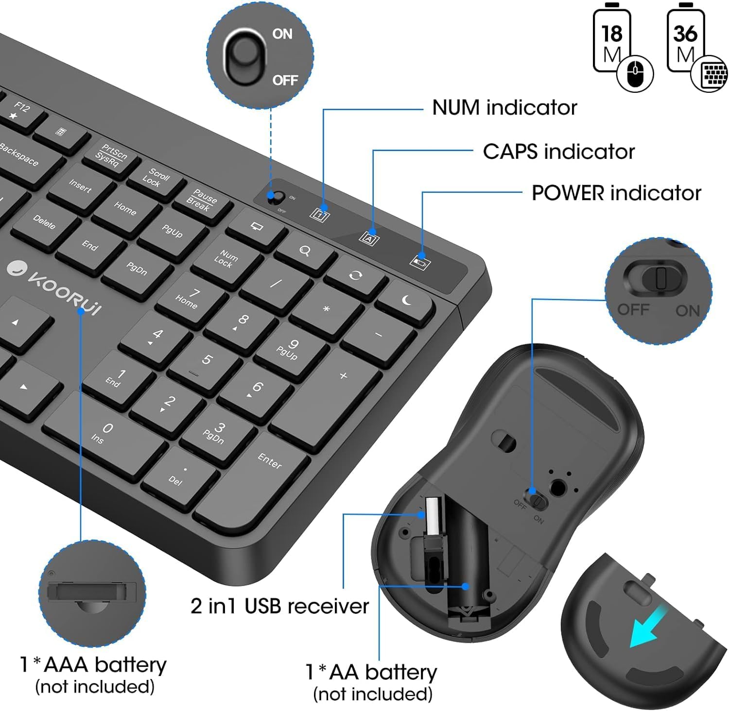 KOORUI Wireless Keyboard and Mouse Combos, 12 Multimedia and Shortcut Keys UK Layout Full Size Keyboard and Mouse Set for Windows,MacOS,Linux-Black (Battery Not Included)-4