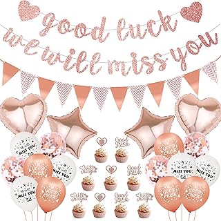 Rose Gold Good Luck Decorations - We Will Miss You Decorations Rose Gold for Women, Pennant Rose Gold Balloon Cake Topper for Job Change Retirement Graduation Leaving Farewell Maternity Leave Decor