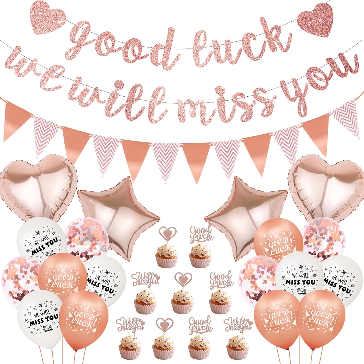 Rose Gold Good Luck Decorations - We Will Miss You Decorations Rose Gold for Women, Pennant Rose Gold Balloon Cake Topper for Job Change Retirement Graduation Leaving Farewell Maternity Leave Decor-0