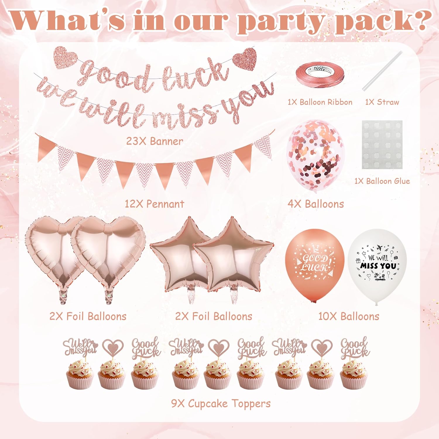 Rose Gold Good Luck Decorations - We Will Miss You Decorations Rose Gold for Women, Pennant Rose Gold Balloon Cake Topper for Job Change Retirement Graduation Leaving Farewell Maternity Leave Decor-1