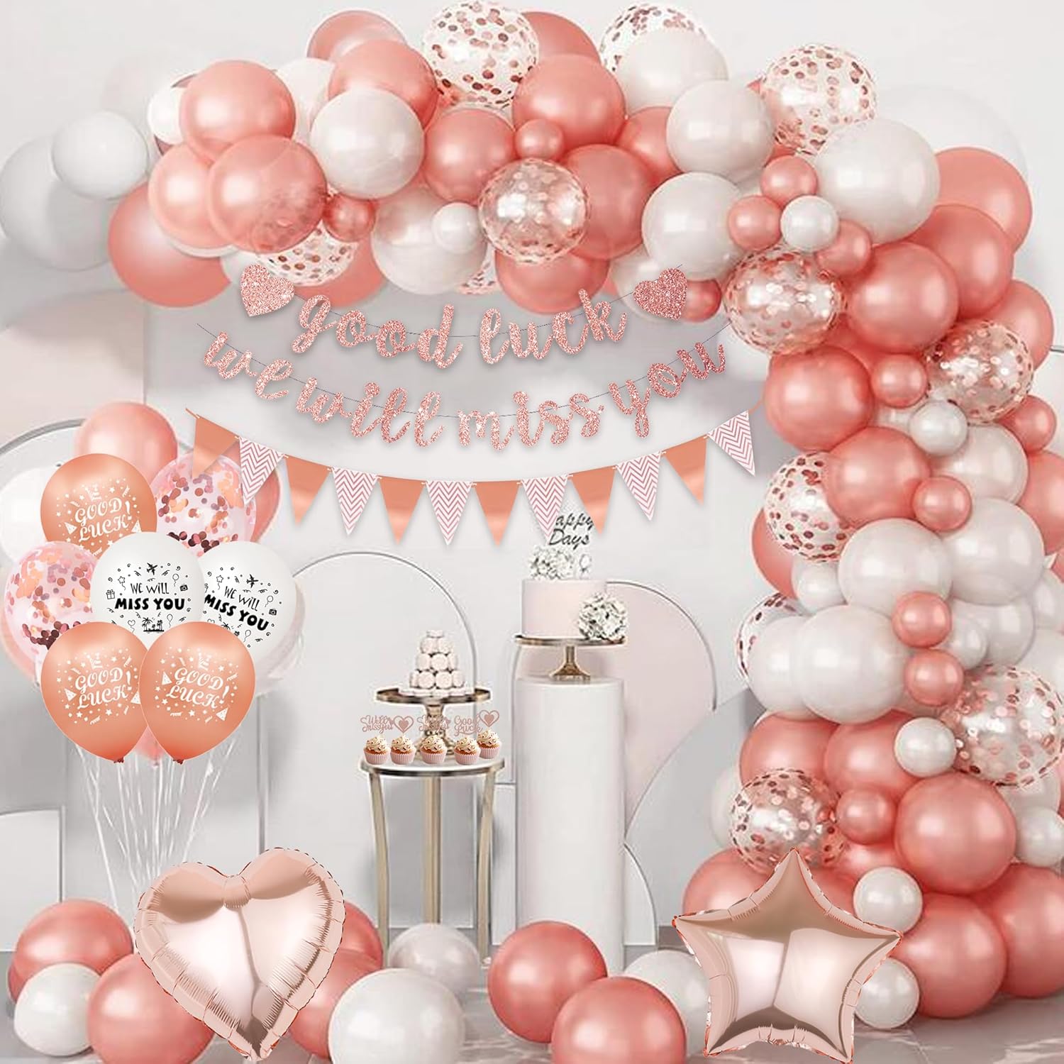 Rose Gold Good Luck Decorations - We Will Miss You Decorations Rose Gold for Women, Pennant Rose Gold Balloon Cake Topper for Job Change Retirement Graduation Leaving Farewell Maternity Leave Decor-6