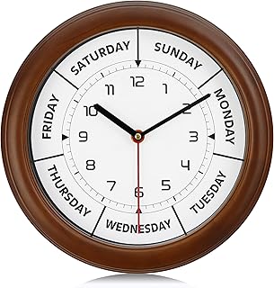 Lafocuse Day of The Week Wall Clock Solid Wood Frame,Silent Brown Unique Day Clocks for Seniors, Retirement Clock Day of Week Battery Operated for Living Room Decor Bedroom Office 12 Inch