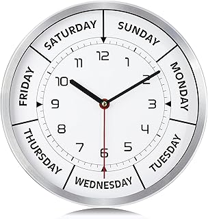 Lafocuse Silent Metal Days of The Week Wall Clock, Silver Unique Day Clocks for Seniors, Retirement Clock Day of Week Battery Operated for Living Room Decor Bedroom Office 12 Inch-Version 2.0