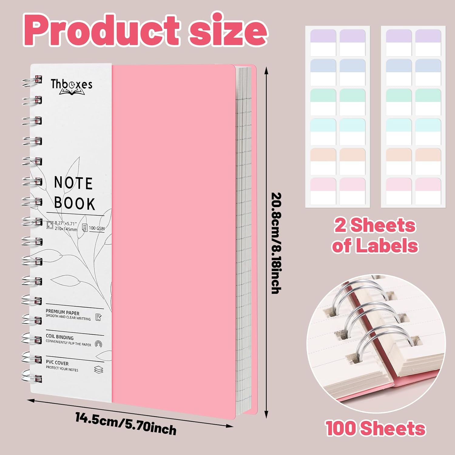 Thboxes 2 Pack Notebook A5 Lined, 400 Pages A5 Notepad Spiral Notebook, 100GSM Thick Paper for Women Men Office School, 24 Labels, 14.5 X 21 cm-3