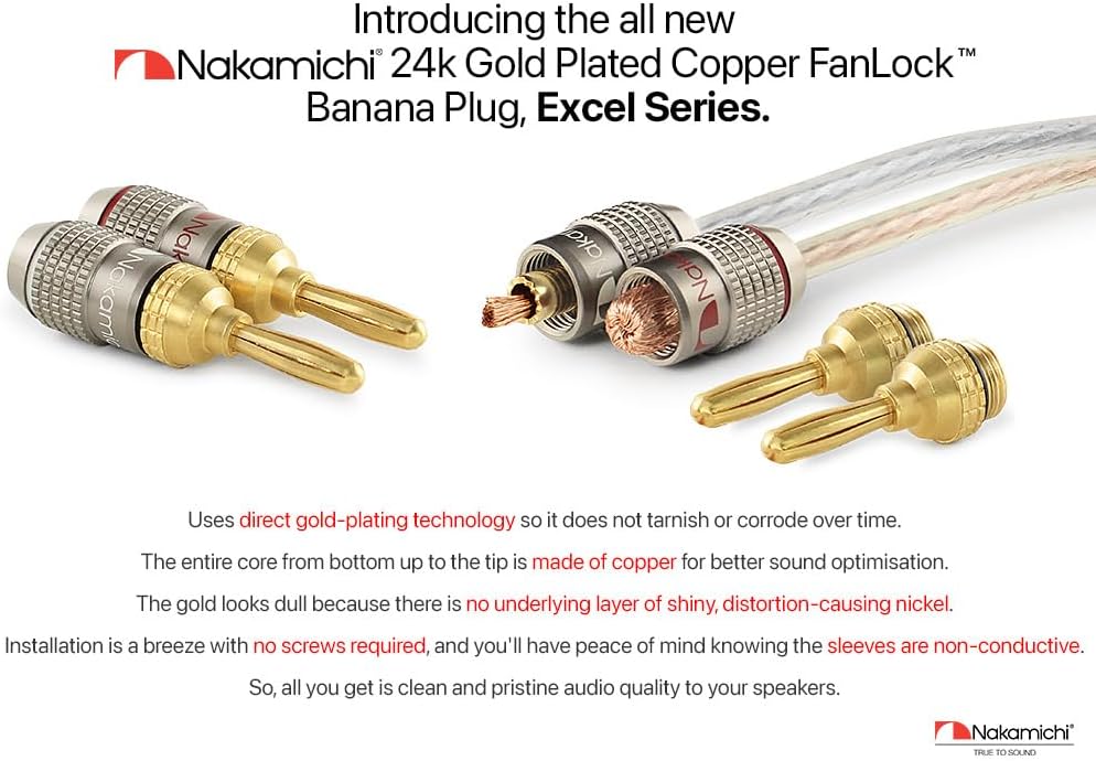 Nakamichi FanLock Excel Series 24k Gold Plated Banana Plug 10 AWG - 18 AWG Gauge Size 4mm for Speakers Amplifier Hi-Fi Stereo Home Theatre Radio Audio Wire Cable Quick Connector 48 Pcs (24-Pairs)-1