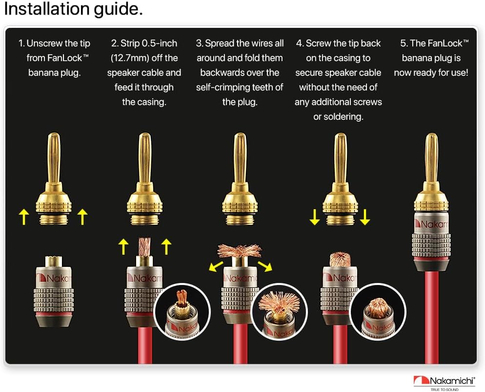 Nakamichi FanLock Excel Series 24k Gold Plated Banana Plug 10 AWG - 18 AWG Gauge Size 4mm for Speakers Amplifier Hi-Fi Stereo Home Theatre Radio Audio Wire Cable Quick Connector 48 Pcs (24-Pairs)-5