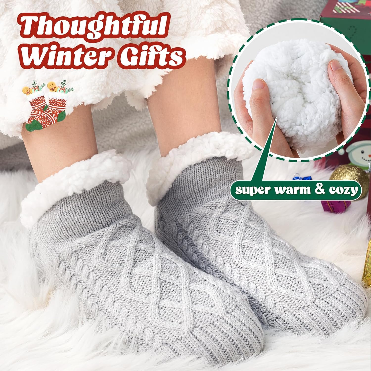 Niorasen Slipper Socks Women Men, Thick Fluffy Socks with Grippers, Cosy Warm Winter Non-Slip Socks Ladies Girls, Women Gifts Indoor Home House Bed, UK 4-10-1