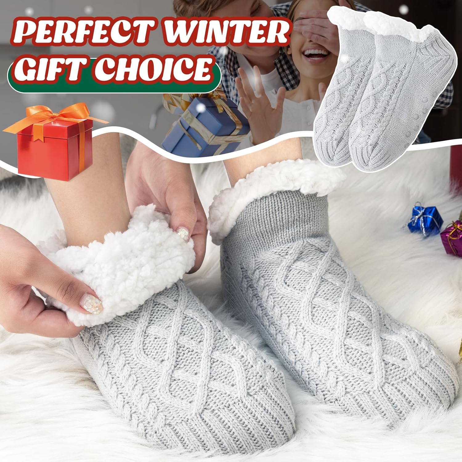 Niorasen Slipper Socks Women Men, Thick Fluffy Socks with Grippers, Cosy Warm Winter Non-Slip Socks Ladies Girls, Women Gifts Indoor Home House Bed, UK 4-10-5