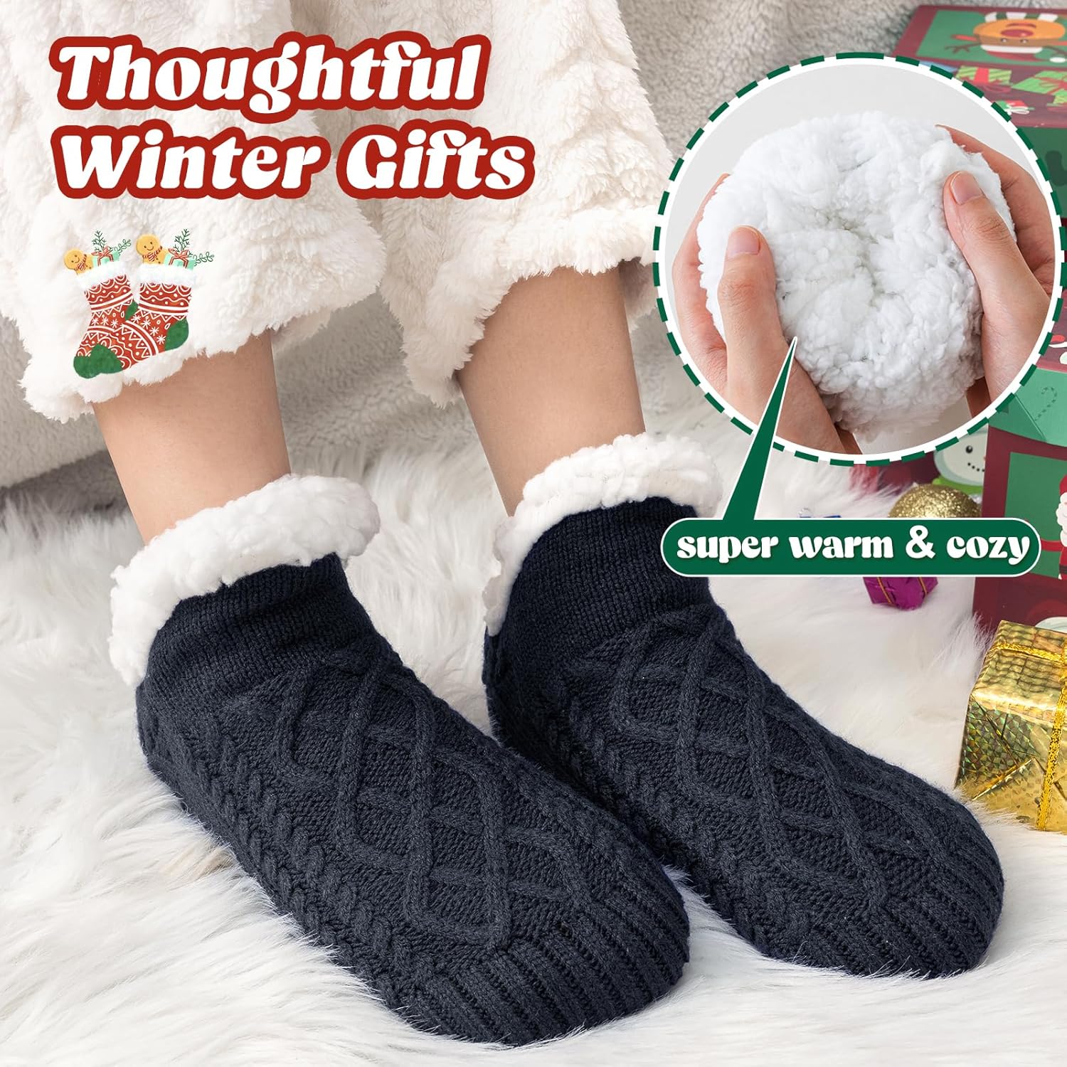 Niorasen Slipper Socks Women Men, Thick Fluffy Socks with Grippers, Cosy Warm Winter Non-Slip Socks Ladies Girls, Women Gifts Indoor Home House Bed, UK 4-10-1