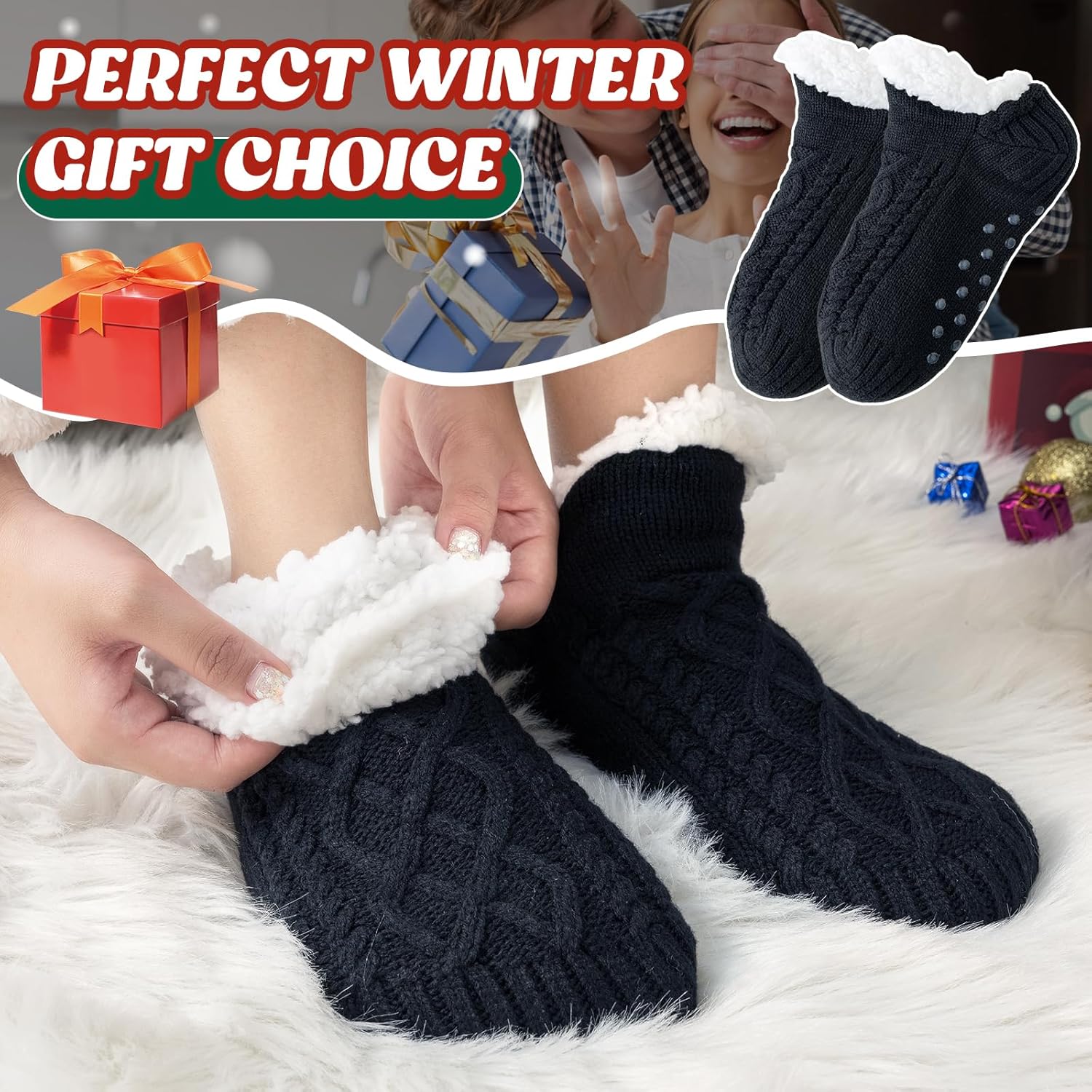 Niorasen Slipper Socks Women Men, Thick Fluffy Socks with Grippers, Cosy Warm Winter Non-Slip Socks Ladies Girls, Women Gifts Indoor Home House Bed, UK 4-10-5