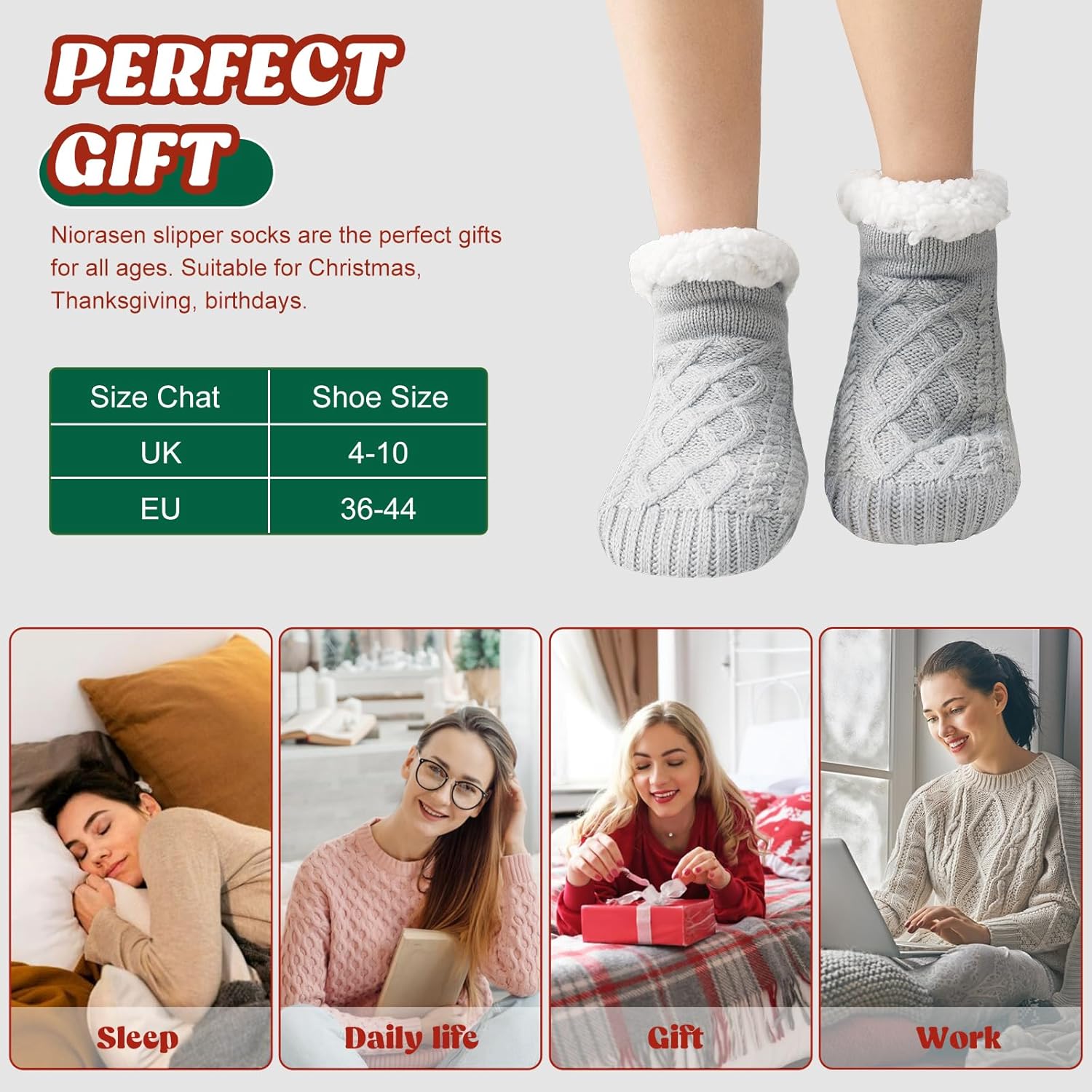 Niorasen Slipper Socks Women Men, Thick Fluffy Socks with Grippers, Cosy Warm Winter Non-Slip Socks Ladies Girls, Women Gifts Indoor Home House Bed, UK 4-10-8