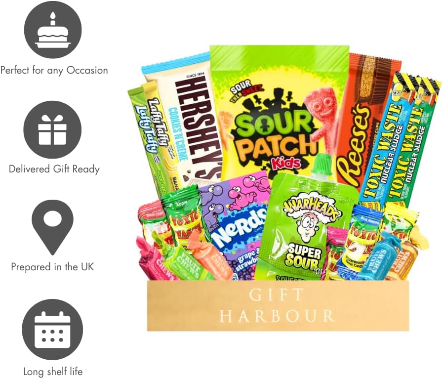 American Sweets Gift Box - Candy Hampers with American Sour Sweets - Sweet Box with American Snacks - Assorted Sweets, Sour Kids, Toxic Waste, Sour Sweets, Nerds, Chocolate-1