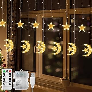 Jsdoin Christmas Window Lights 3.5M LED Stars Moon Curtain Lights Christmas String Fairy Lights with USB+Battery-Powered and 8 Flashing Modes for Christmas, Wedding Decoration (Warm White)