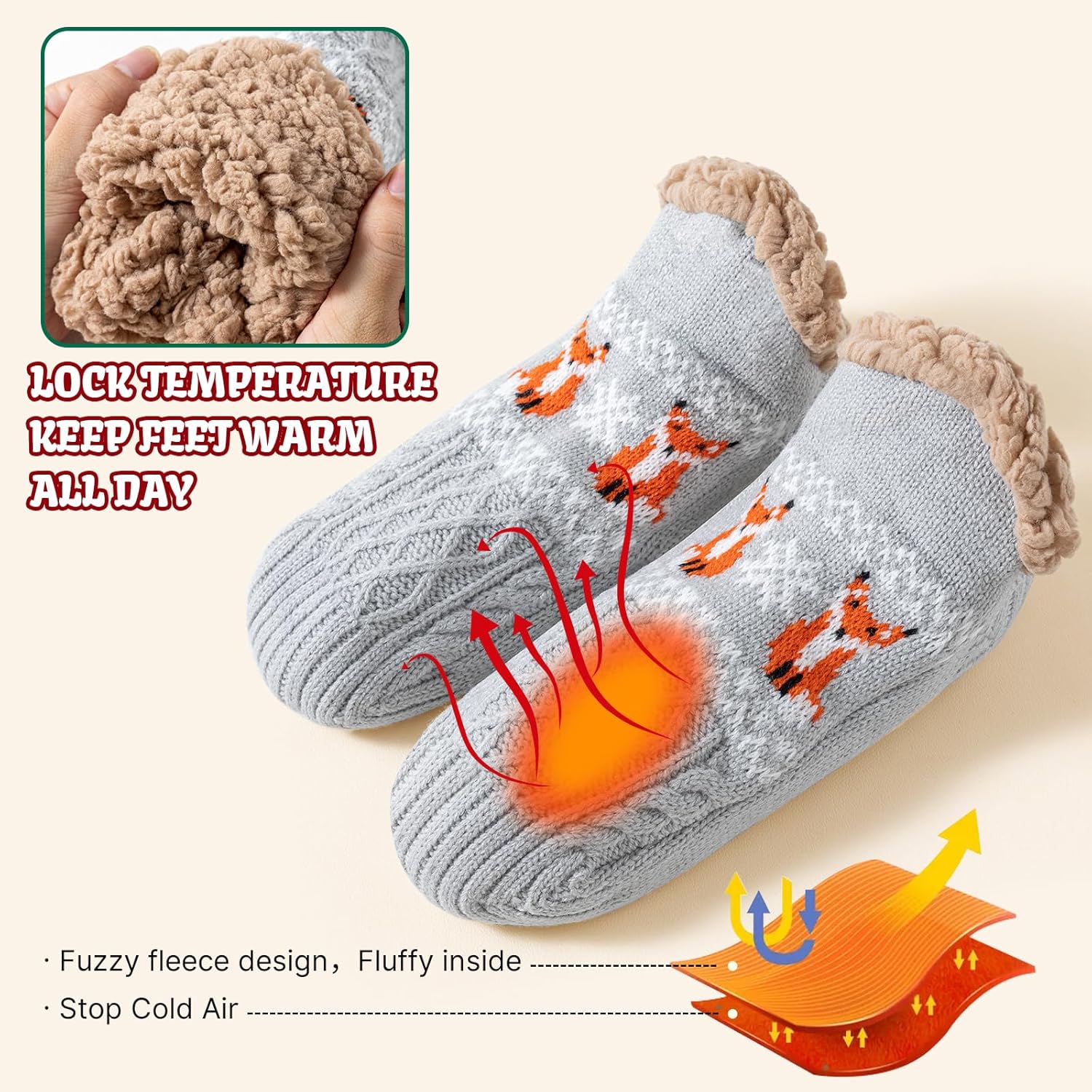 Niorasen Fluffy Slipper Socks for Women, Warm Cosy Bed Socks, Winter Thick Fuzzy Socks Slipper Socks With Grippers, Non Slip One Size Gifts Christmas-2