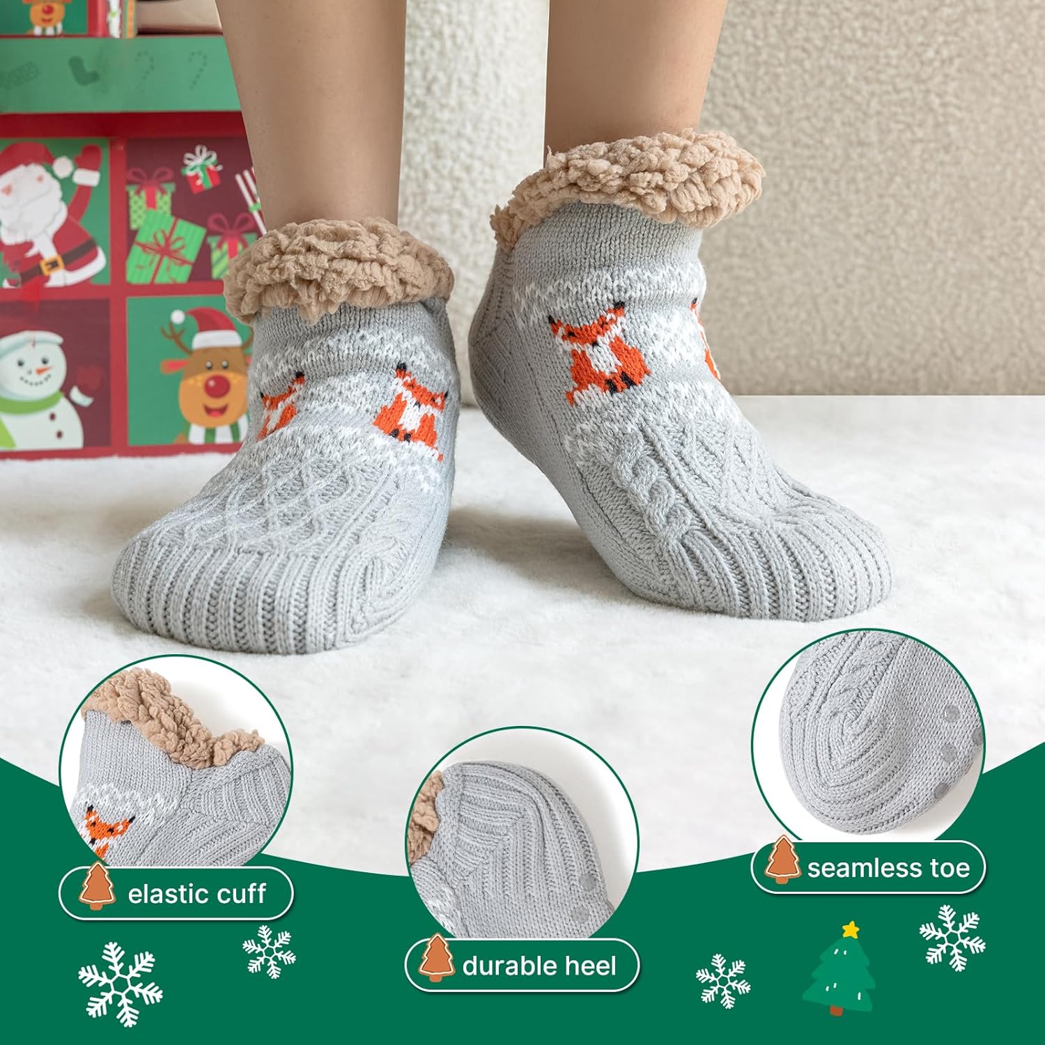 Niorasen Fluffy Slipper Socks for Women, Warm Cosy Bed Socks, Winter Thick Fuzzy Socks Slipper Socks With Grippers, Non Slip One Size Gifts Christmas-4