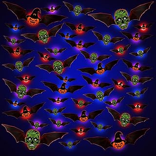 Suewidfay 48pcs Halloween Bats Decorations with LED Lights, 3D Real Bat Pumpkin Skull Pattern Window Stickers, PVC Fold Halloween Decoration For Window, Door,Wall(Pumpkin 48)