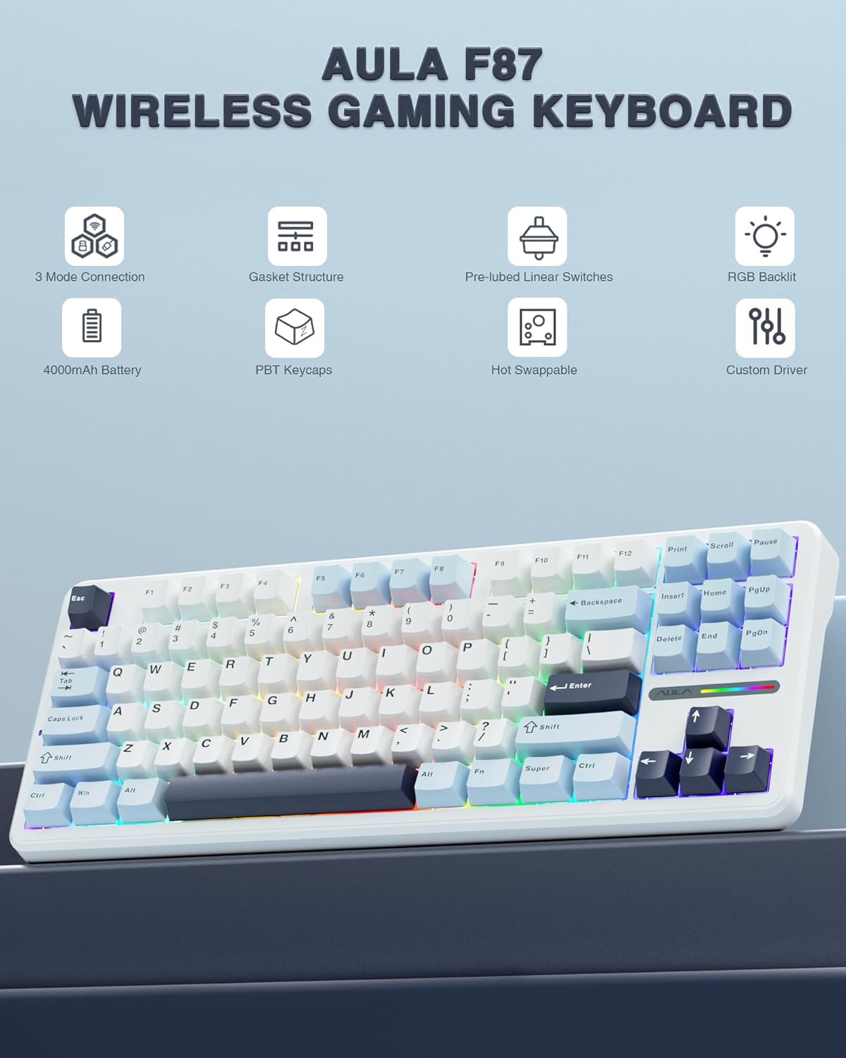 AULA F87 Wireless Mechanical Keyboard,75% TKL Gasket Custom Hot Swappable Keyboard,2.4Ghz/Type-C/BT5.0 Gaming Keyboard,Pre-lubed Greywood Switch RGB Backlit Keyboard for WINS/PC/Mac(Glacial Blue)-1