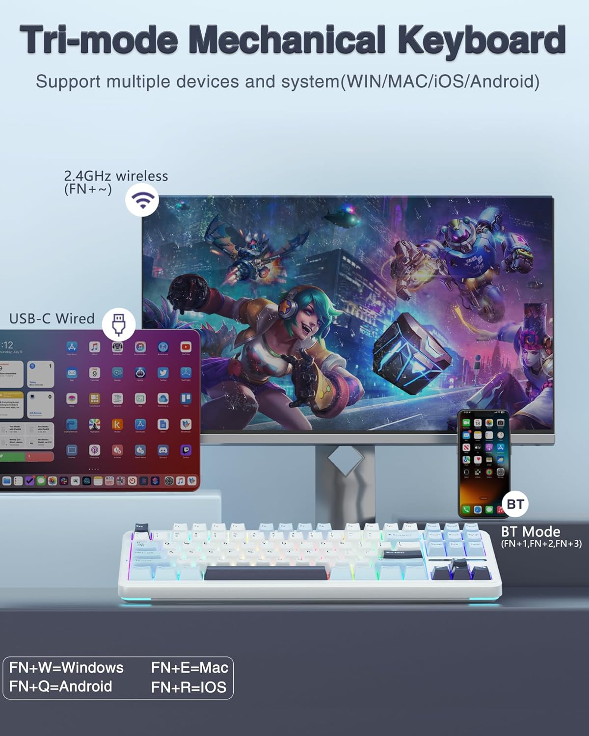 AULA F87 Wireless Mechanical Keyboard,75% TKL Gasket Custom Hot Swappable Keyboard,2.4Ghz/Type-C/BT5.0 Gaming Keyboard,Pre-lubed Greywood Switch RGB Backlit Keyboard for WINS/PC/Mac(Glacial Blue)-2