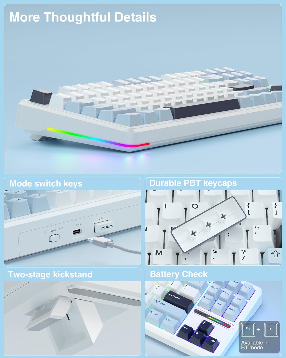 AULA F87 Wireless Mechanical Keyboard,75% TKL Gasket Custom Hot Swappable Keyboard,2.4Ghz/Type-C/BT5.0 Gaming Keyboard,Pre-lubed Greywood Switch RGB Backlit Keyboard for WINS/PC/Mac(Glacial Blue)-7