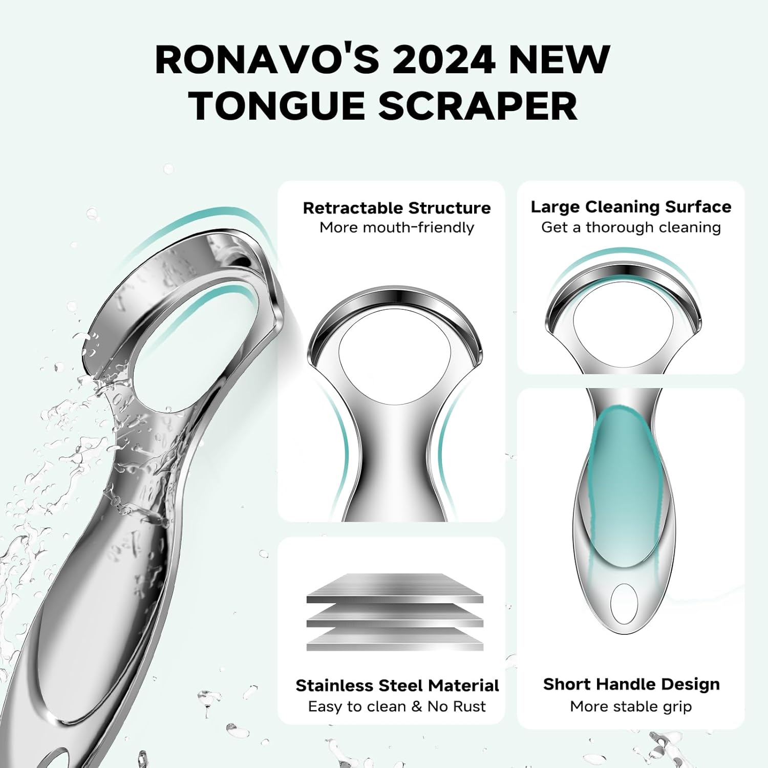 RONAVO Tongue Scraper Tongue Cleaner (2024) Tongue Scraper for Adults Portable Storage Tongue Coating Removal Bad Breath Care Metal Tongue Scraper with Green Carrying Case-3