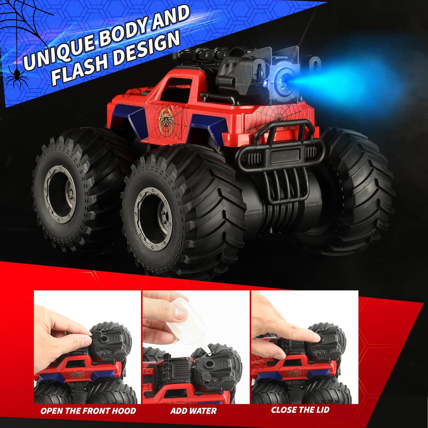 Calantre Spider Remote Control car 2.4GHZ 4WD Off-Road Racing Spray Remote Control car 2 Rechargeable Batteries 1:16 for 6-12 Years Old Boys and Girls Birthday Gifts-5