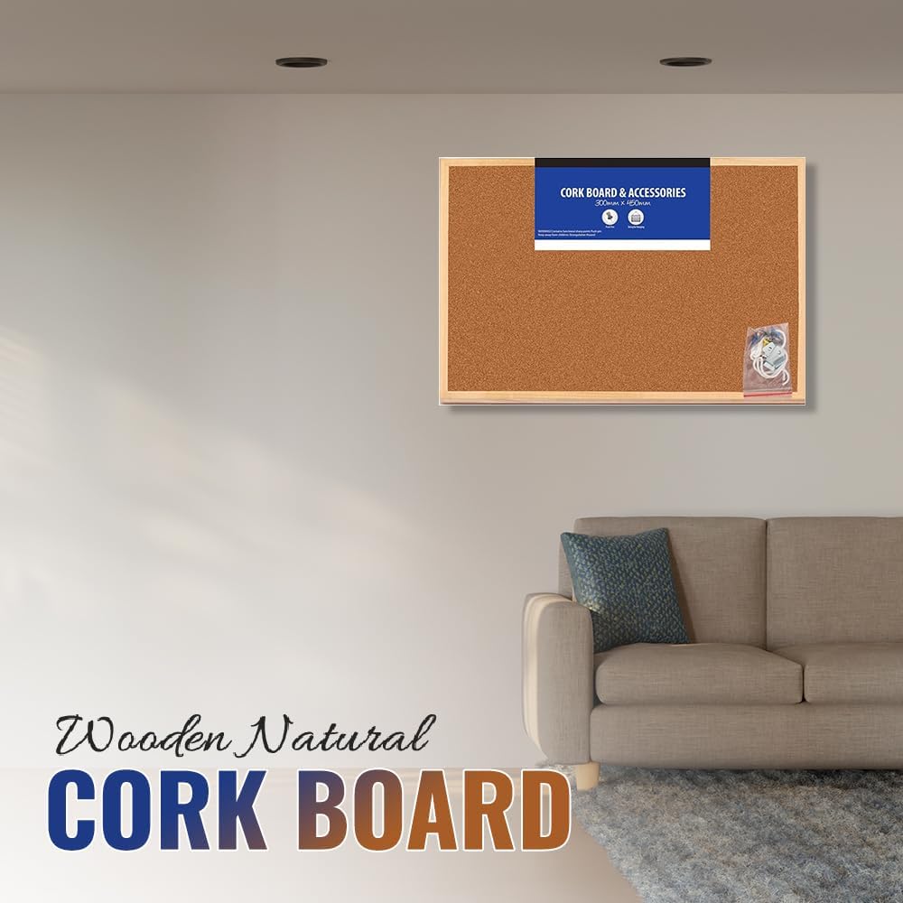 45x30cm Cork Board | Pin Notice |Office Memo School with Push Pins Board | Wooden Natural Frame Board-2