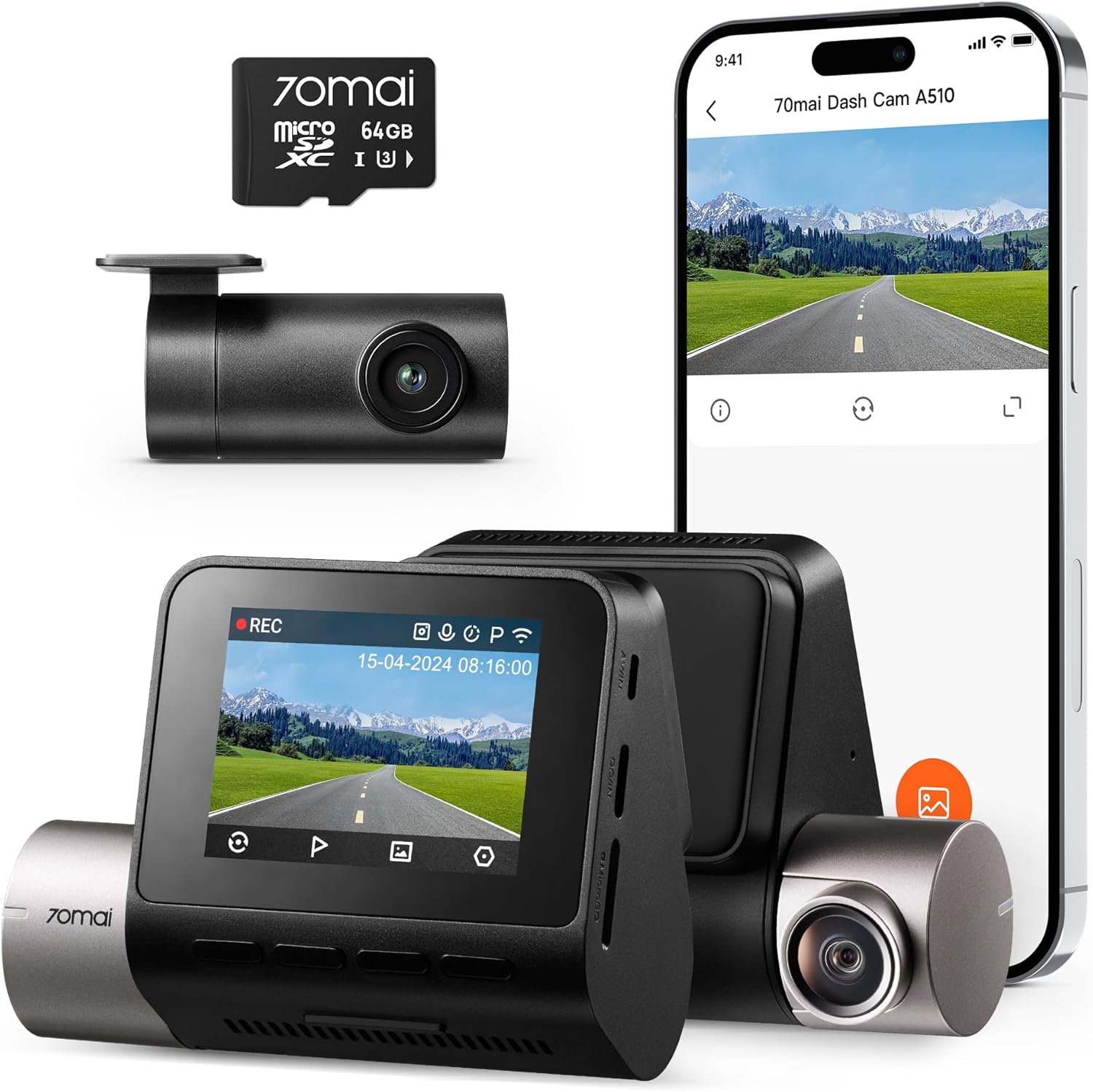 70mai New 2.7K 1944P Ultra Full HD Dash Cam A510 with 64GB SD Card, Front and Rear Dual Car Camera, Smart Dash Cam with Built-in GPS, G-Sensor, ADAS, HDR, Night Vision, APP Control, Max 256GB-0