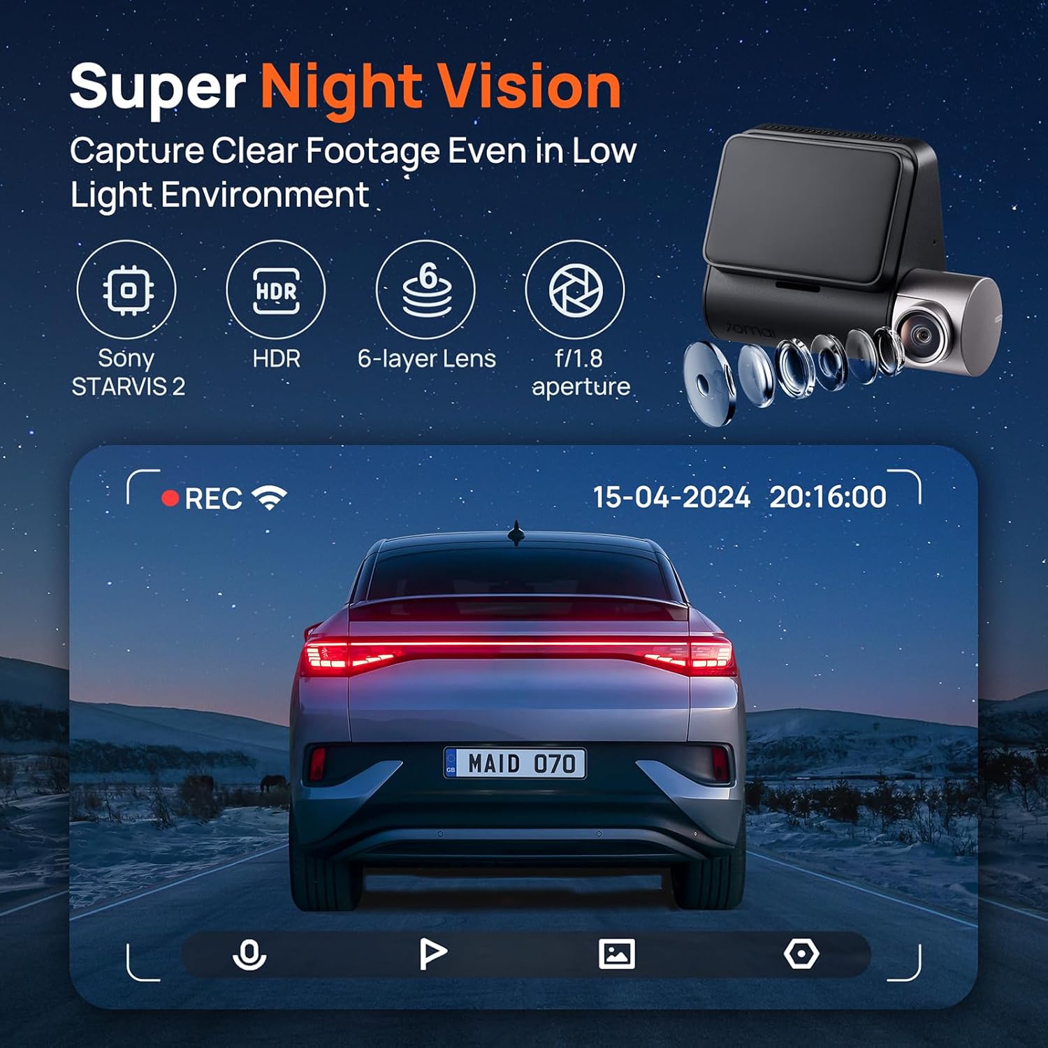 70mai New 2.7K 1944P Ultra Full HD Dash Cam A510 with 64GB SD Card, Front and Rear Dual Car Camera, Smart Dash Cam with Built-in GPS, G-Sensor, ADAS, HDR, Night Vision, APP Control, Max 256GB-3