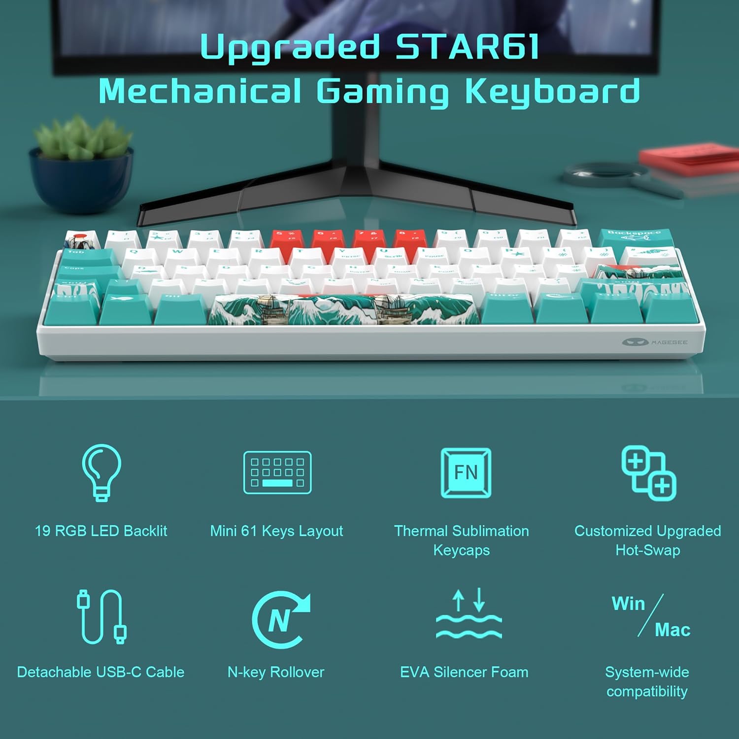 MageGee MK-STAR61 60% Mechanical Keyboard UK Layout, Hot-Swappable RGB Compact Wired Gaming Keyboard with 5-Sided Dyed Keycaps, Pre-Lubed Switches, EVA Silencer Foam, NKRO for Mac/Win (Waves)-1