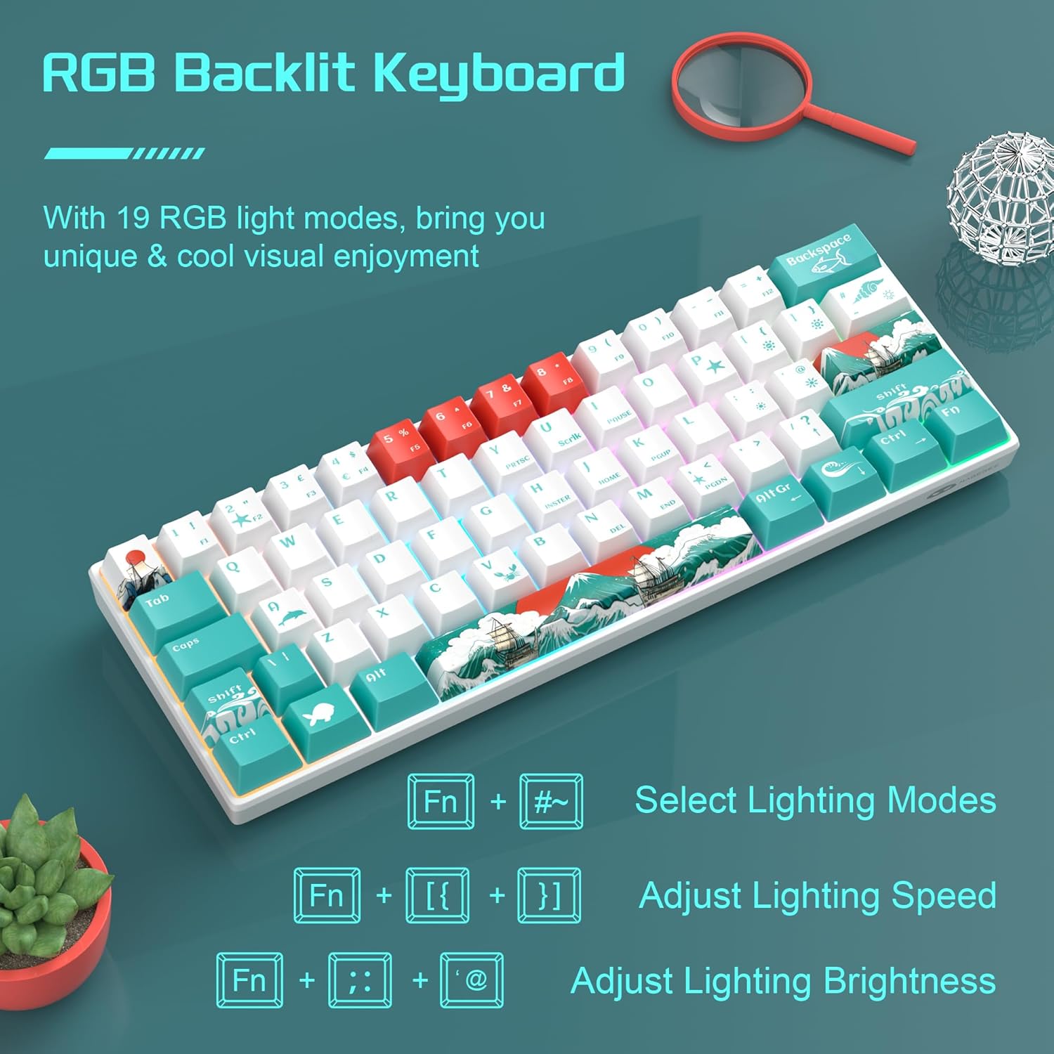 MageGee MK-STAR61 60% Mechanical Keyboard UK Layout, Hot-Swappable RGB Compact Wired Gaming Keyboard with 5-Sided Dyed Keycaps, Pre-Lubed Switches, EVA Silencer Foam, NKRO for Mac/Win (Waves)-5