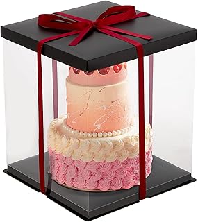 Warmiehomy Clear Cake Box, 30x30x35CM for 10 Inch Tall Cake Box, Transparent Cake gift Boxes with Lid & Ribbon, Plastic Large Cake Gift Packaging Boxes for Birthday Wedding Christmas Party