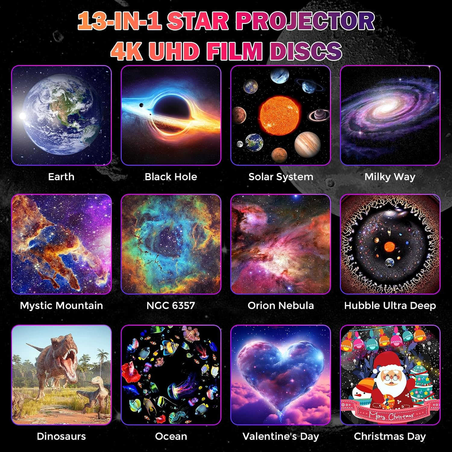 Galaxy Projector 13 in 1 Planetarium Star Projector Night Sky Projector Skylight Nebula Projector Night Light Lamp Projector with Solar System, Moon, Dinosaur, Nebular for Kids Adults, with Timer-1