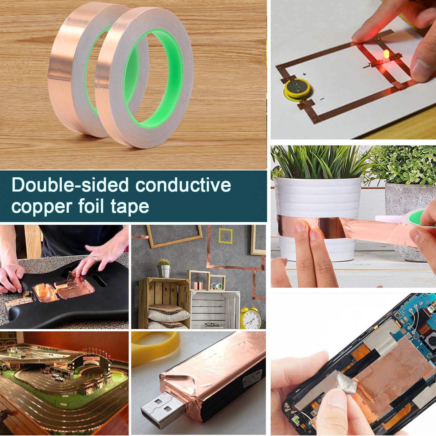 BOMEI PACK Copper Foil Tape Double Sided Copper Tape,Avoid Slugs Snails From Plants,25mm x 20m Craft DIY Shaping Lines,Guitar Shielding,Photo Frames Decoration Repairs,Paper Circuits-3