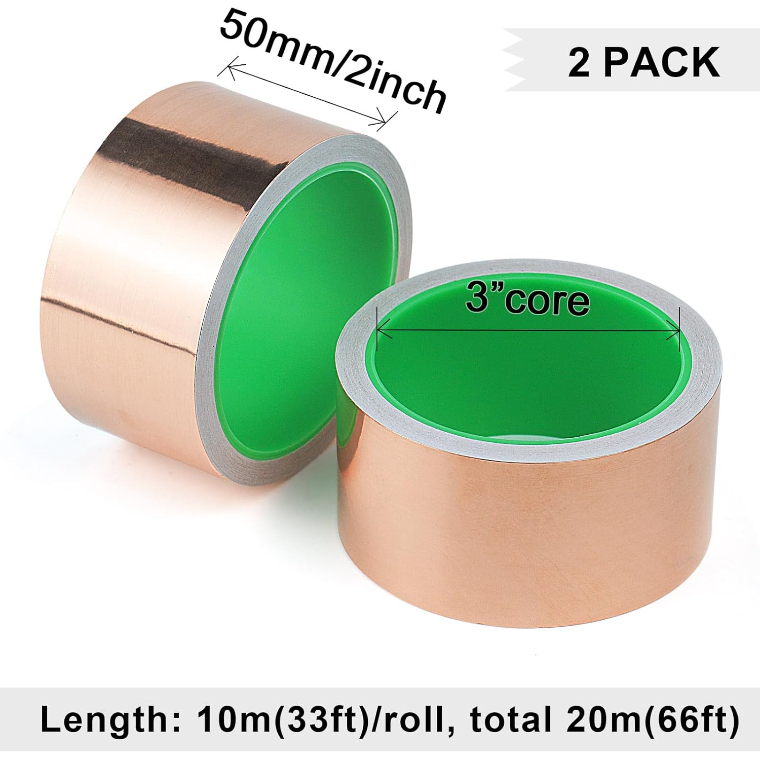 BOMEI PACK 2 Rolls Copper Foil Tape Double Sided Copper Tape Away Slugs Snails From Palnts,50mm x 10m Craft DIY Shaping Lines,Guitar Shielding,Photo Frames Decoration Repairs,Paper Circuits-1