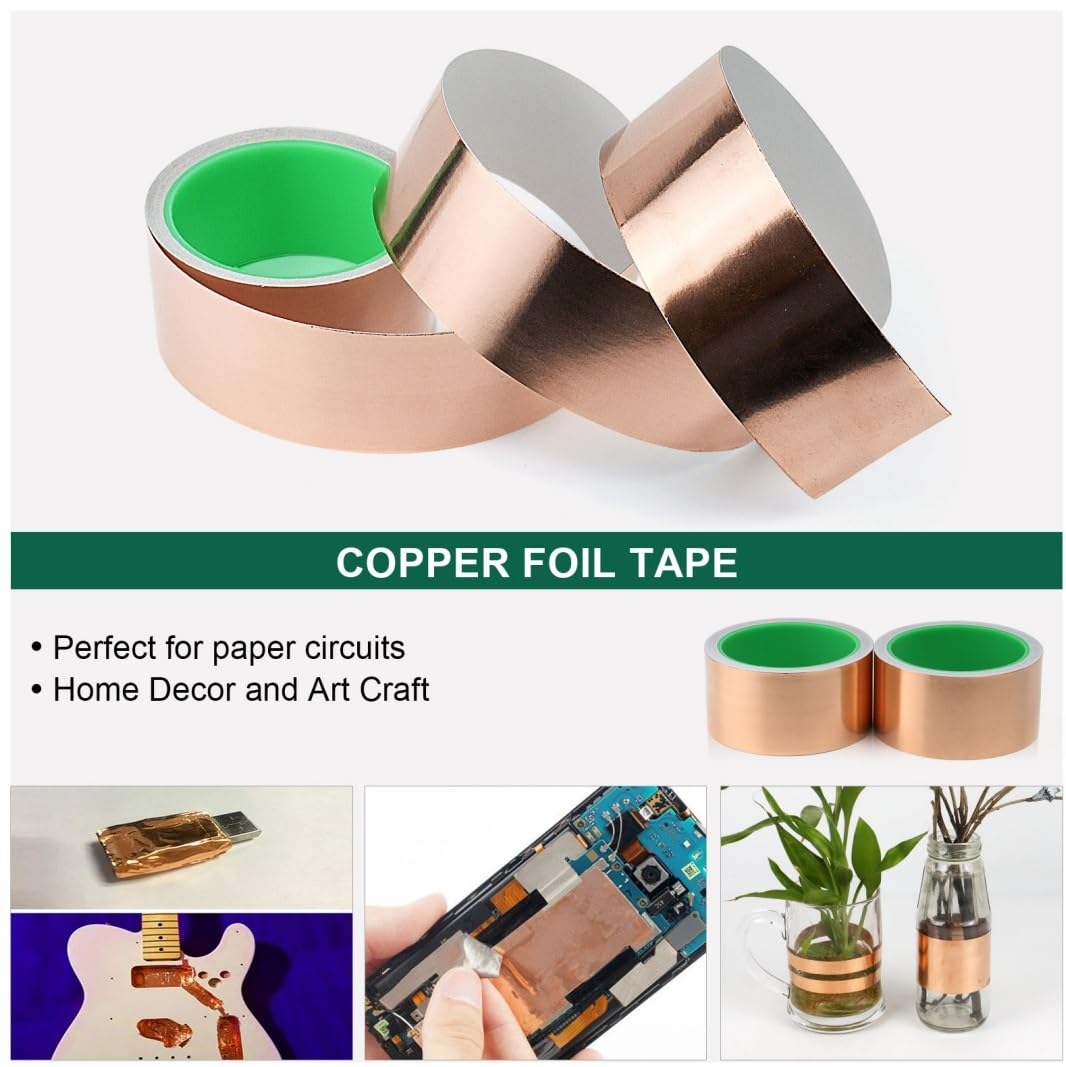 BOMEI PACK 2 Rolls Copper Foil Tape Double Sided Copper Tape Away Slugs Snails From Palnts,50mm x 10m Craft DIY Shaping Lines,Guitar Shielding,Photo Frames Decoration Repairs,Paper Circuits-5