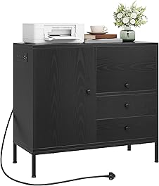 YITAHOME 3-Drawer Storage Cabinet with Socket Wooden File Cabinet Table for Printer Stand for Home Office Printer Stand, Black, 80x40x90 cm