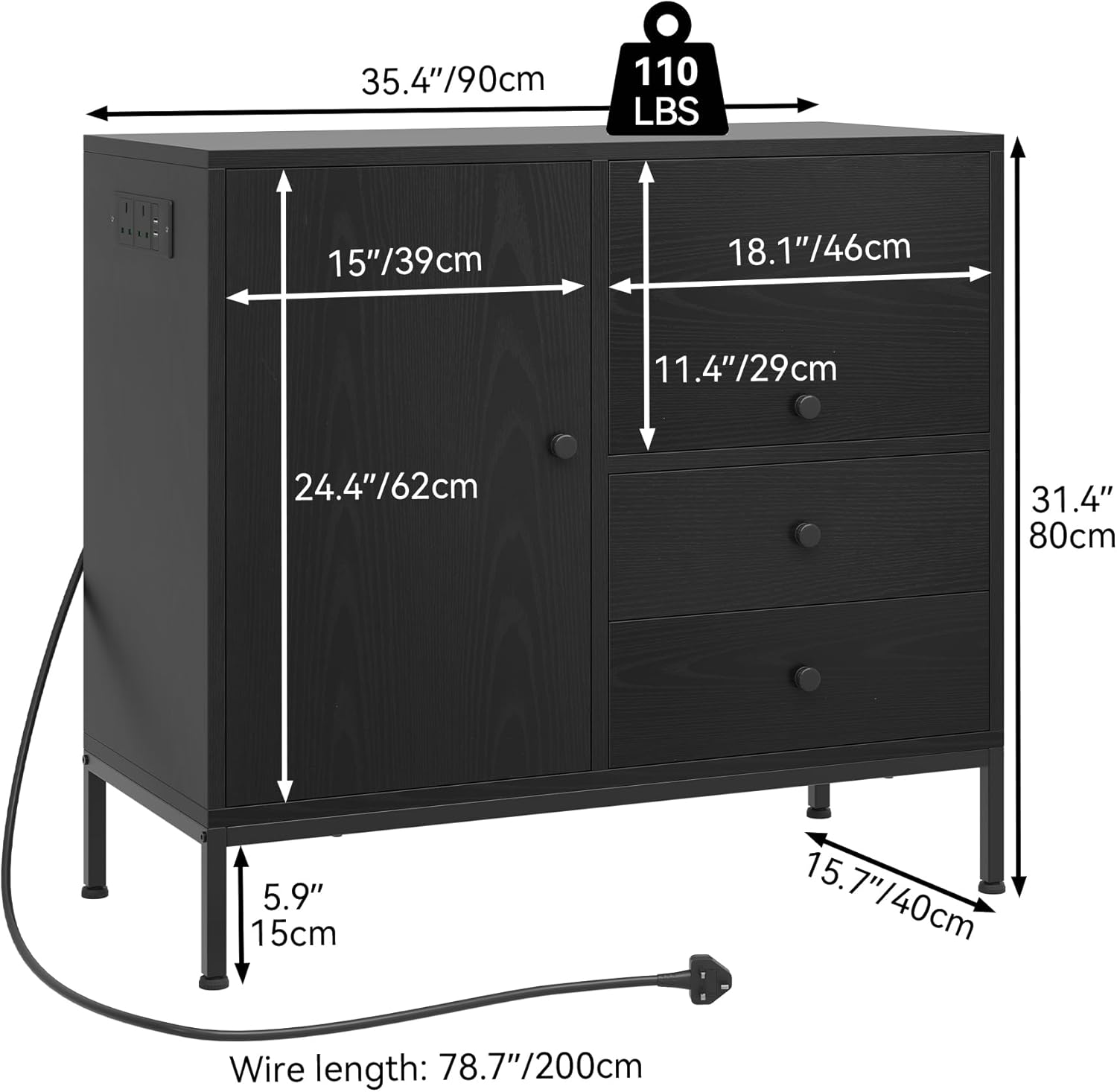 YITAHOME 3-Drawer Storage Cabinet with Socket Wooden File Cabinet Table for Printer Stand for Home Office Printer Stand, Black, 80x40x90 cm-2