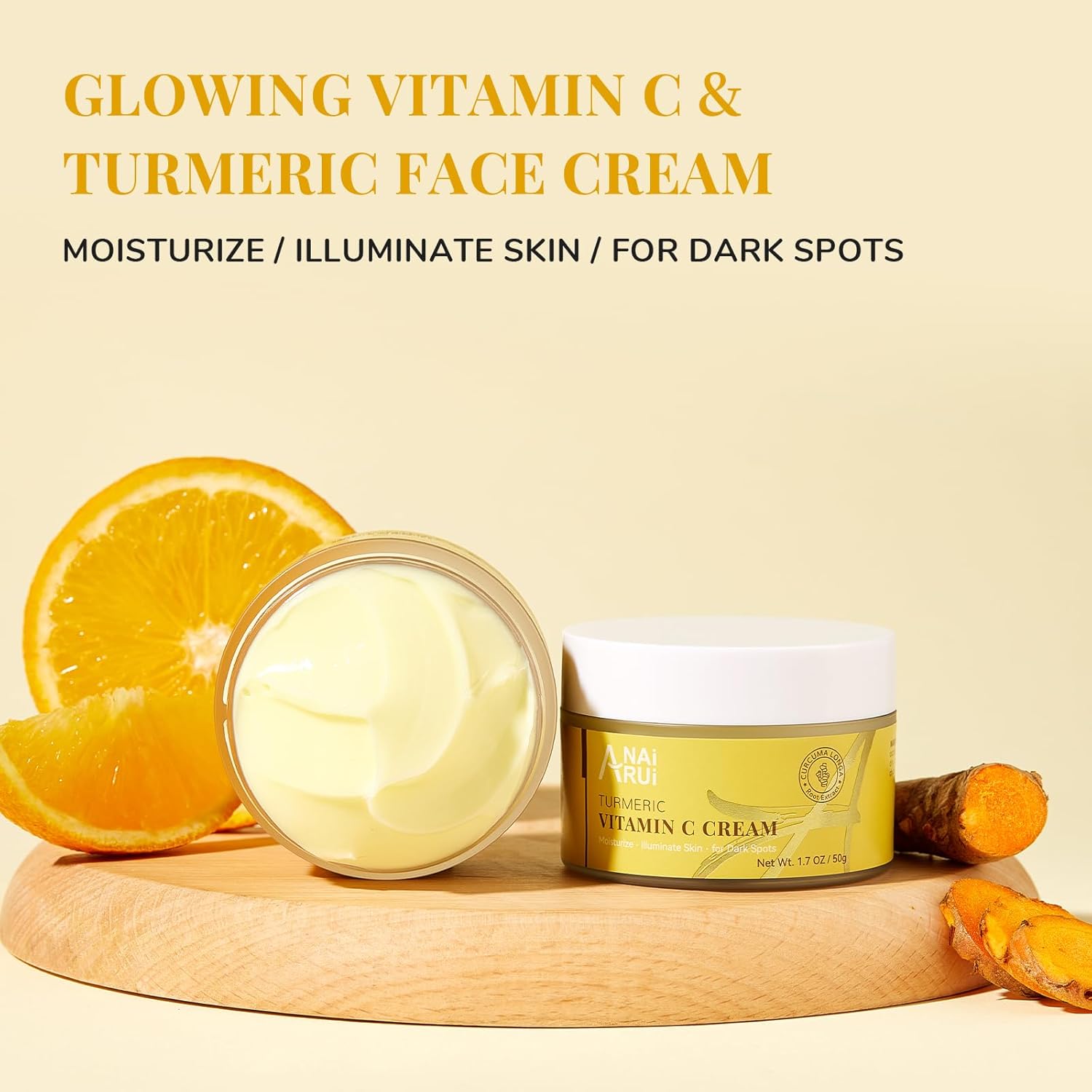 ANAiRUi Turmeric Vitamin C Face Cream, Moisturising Collagen Face Cream for Dry Skin, Daily Used Turmeric Vit C Facial Cream for Dark Spots, Wrinkles, Anti-Ageing, Even Skin Tone 50g-1