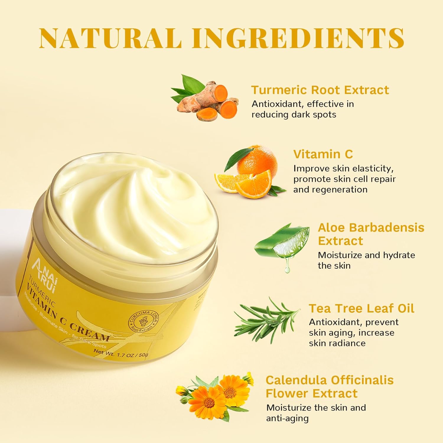 ANAiRUi Turmeric Vitamin C Face Cream, Moisturising Collagen Face Cream for Dry Skin, Daily Used Turmeric Vit C Facial Cream for Dark Spots, Wrinkles, Anti-Ageing, Even Skin Tone 50g-2