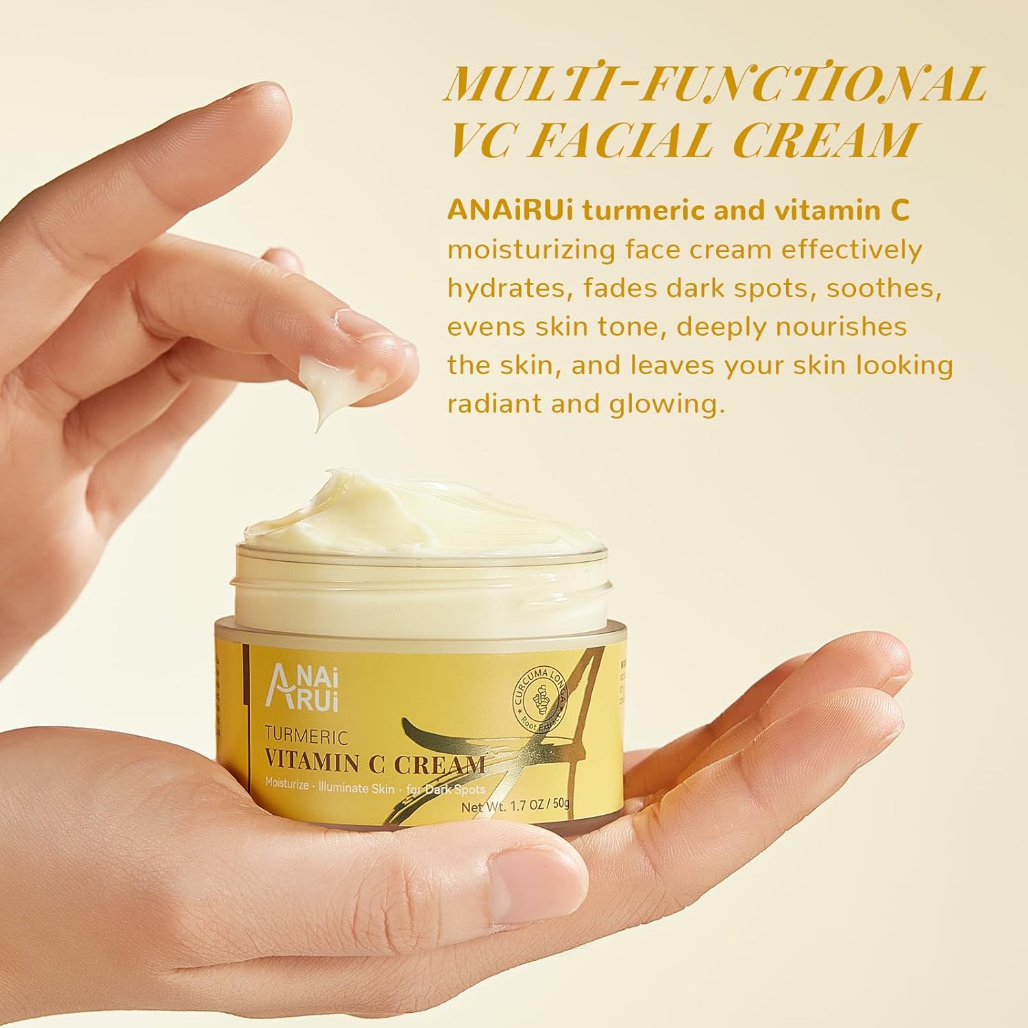 ANAiRUi Turmeric Vitamin C Face Cream, Moisturising Collagen Face Cream for Dry Skin, Daily Used Turmeric Vit C Facial Cream for Dark Spots, Wrinkles, Anti-Ageing, Even Skin Tone 50g-4