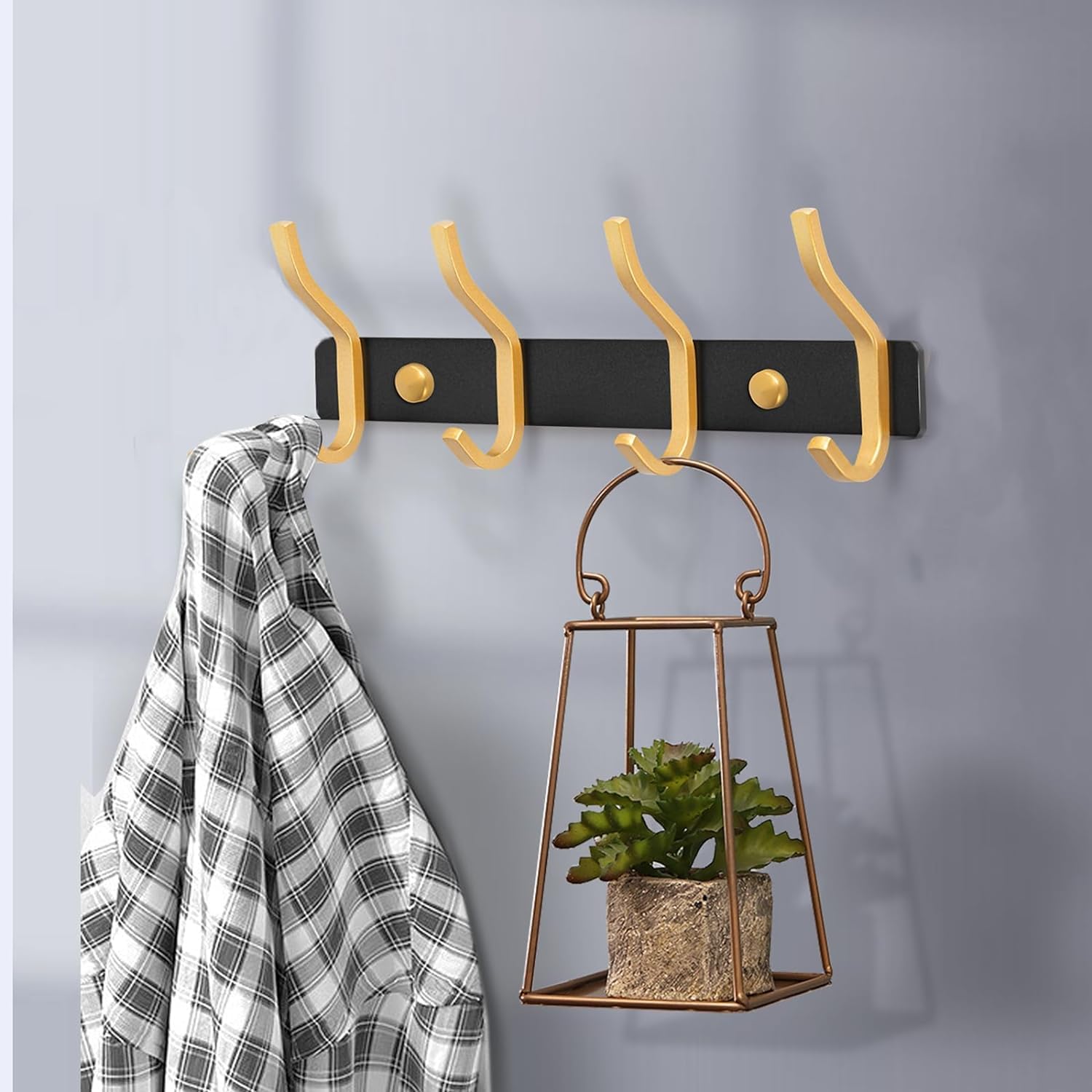 YUET Door Hooks, Towel Hook Stainless Steel Coat Hooks Wall Mounted Screw in Modern Metal Heavy Duty Coat Rack Row of Hooks Hanger Robe Clothes Hat Hook for Bathroom Bedrooms (Black & Gold)-2