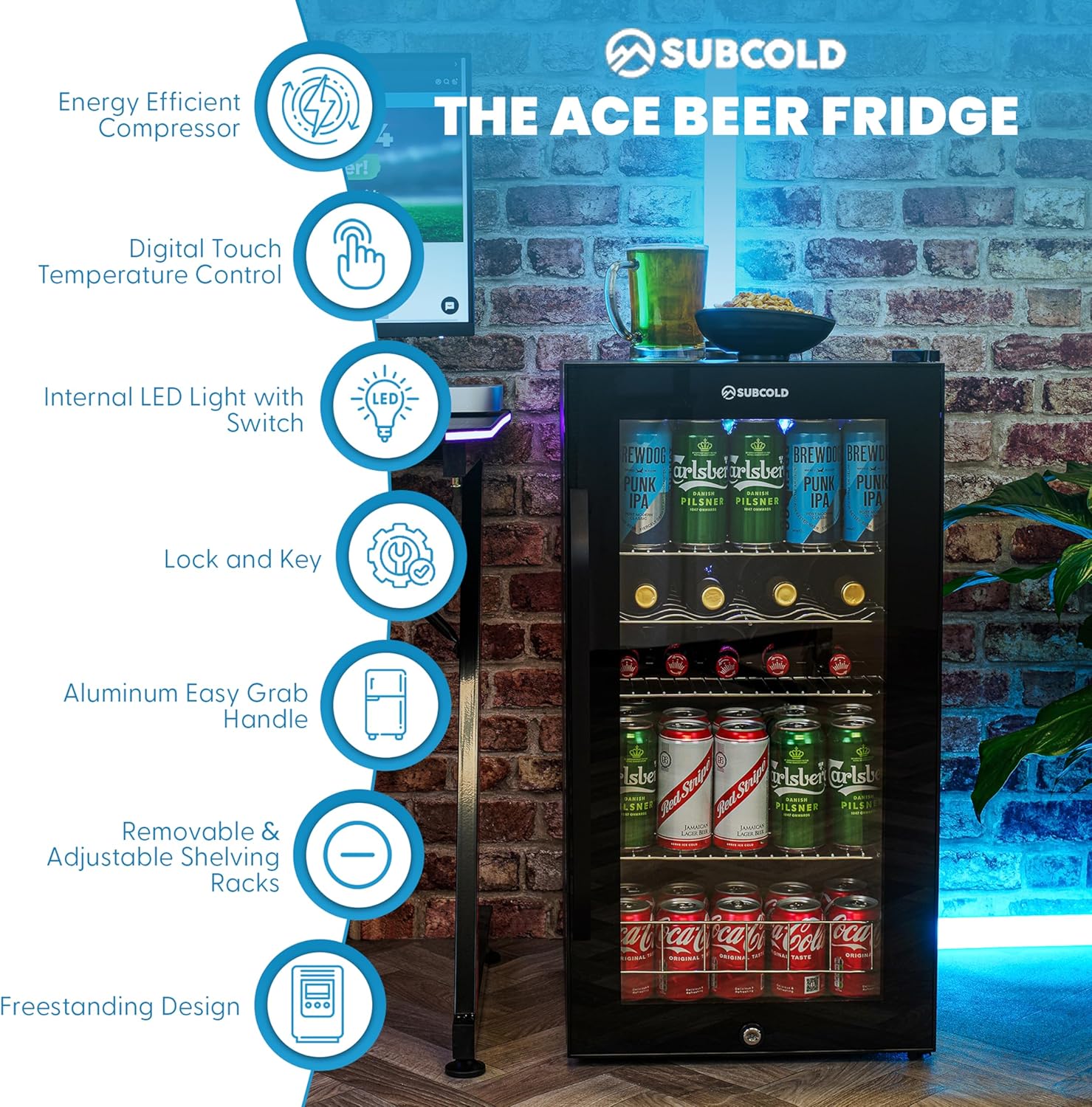 Subcold Ace90 LED Touch Control Beer Fridge With Glass Door | Premium Drinks & Wine Fridge | Black Alu Handle, Auto Defrost, Lockable | 91 Cans | Ideal for Home Bar Undercounter-1