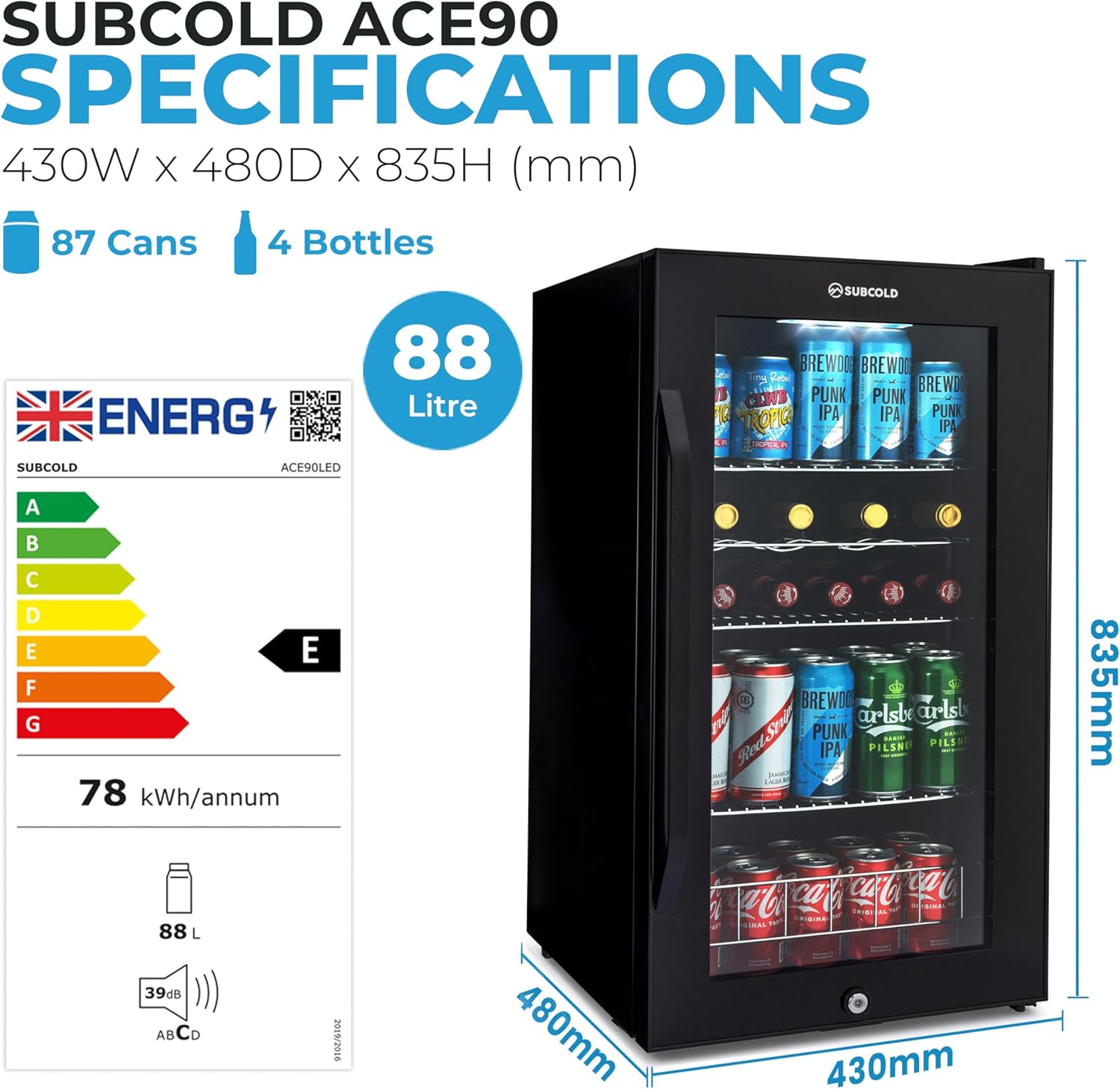 Subcold Ace90 LED Touch Control Beer Fridge With Glass Door | Premium Drinks & Wine Fridge | Black Alu Handle, Auto Defrost, Lockable | 91 Cans | Ideal for Home Bar Undercounter-6