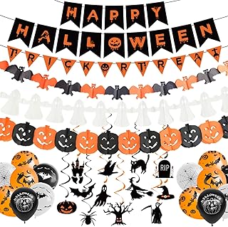 Jsdoin Halloween Party Banner Decoration Set, Reusable Spooky Halloween Decorations,Happy Halloween Paper Banner,Trick or Treat Banner,Garlands,Streamers,Balloons for Home,Creepy Halloween Decorations