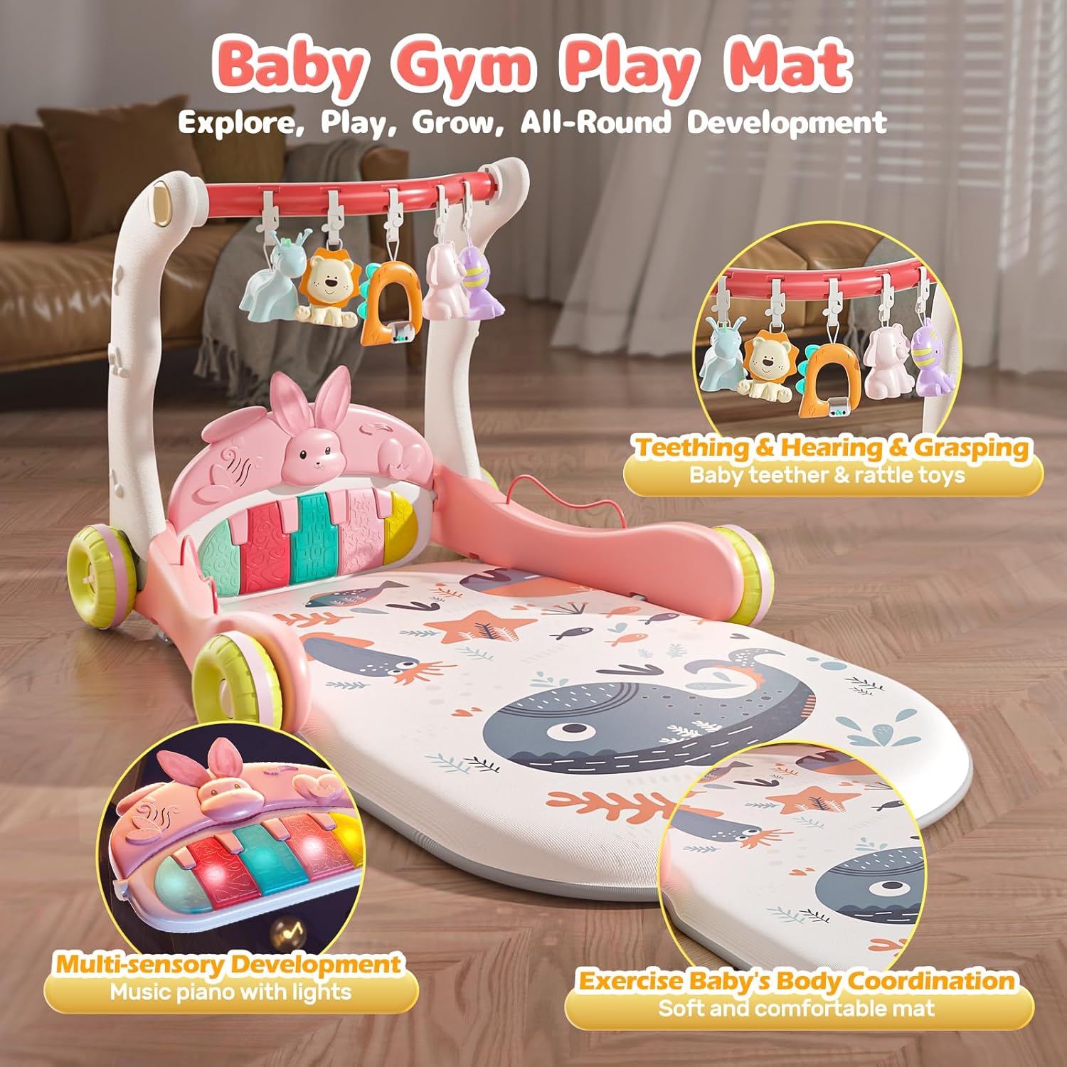 CUTE STONE Baby Play Mat Activity Gym, Baby Gym Playmat with Play Piano, Baby Learning Walker for Girls, Tummy Time Mat for Infant, Activity Center for Babies Newborn-1