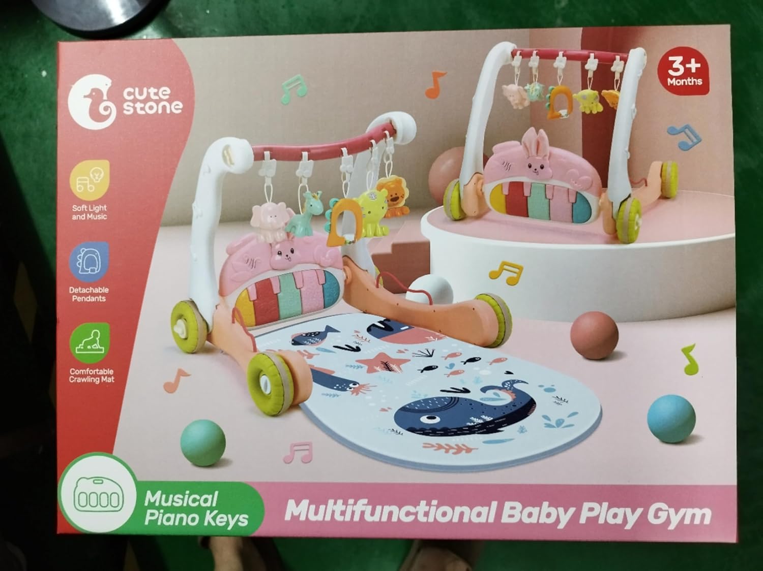 CUTE STONE Baby Play Mat Activity Gym, Baby Gym Playmat with Play Piano, Baby Learning Walker for Girls, Tummy Time Mat for Infant, Activity Center for Babies Newborn-12