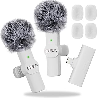 OSA Lavalier Wireless Mobile Microphone for iPhone Video Recording, Wireless Microphone for YouTube/Interview/Vlog, For iPhone Wireless Recording Microphone 2 Pack (For iPhone 14 and Below) White